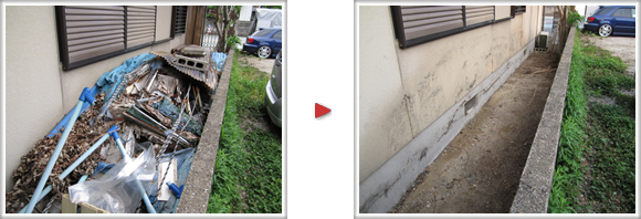 福岡市南区柳瀬の【便利屋】暮らしなんでもお助け隊 福岡茶山店　春日市泉のお客様宅の通路が粗大ゴミ、不要品で山盛りに、全て撤去、片付けました。