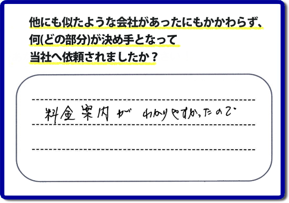 口コミ５　料金案内がわかりやすかったので。当社では、不用品片付け、お掃除、修理、などすべての作業において、お問い合せ時には費用の目安をお伝えして、現地では再度お見積り行いお客様のご承諾をいただいてから必ず作業を行っています。安心と信頼の何でも屋・便利屋なら「【便利屋】暮らしなんでもお助け隊 福岡茶山店」（福岡）へお電話ください。ホームページではたくさんのクチコミ・評判のお客様の声・笑顔を掲載しています。ぜひご参考にしてください。